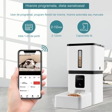 Hranitor Automat pentru Caini si Pisici, WowStep®, Wireless 5G, Sunet Bidirectional, Capacitate Dispenser Mancare 8l, Functie Adapator, Programabil, Aplicatie Telefon, Sursa Alimentare Duala, Camera Video cu Night Vision, Culoare Alb - Img 8