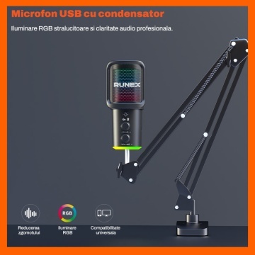 Microfon Gaming RUNEX®, Pop Filter, Condensator, Brat Articulat Prindere Masa, Iluminare RGB, Reducere Zgomot, Echo & Volume Control, USB-C Plug&Play, 16mm, Streaming Youtube, Tiktok, Twitch, Discord, Compatibil Universal, Mufa Jack 3.5mm, Negru - Img 7
