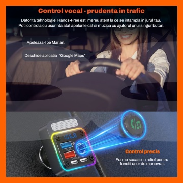 Modulator FM RUNEX®, Incarcator Auto, Bluetooth 5.3, Incarcare Rapida, 54W, Hands-Free, Microfon, Iluminare, Compatibilitate Universala - Img 5