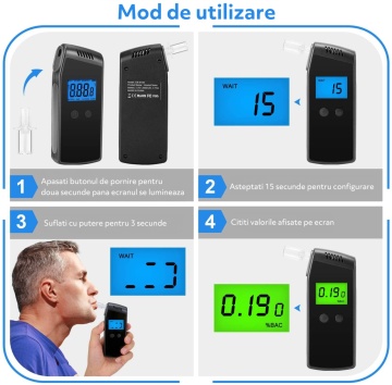 Resigilat - Alcool Tester Digital, WowStep®, Etilotest Profesional Portabil, Acuratete de 0.01% BAC, Negru - Img 5