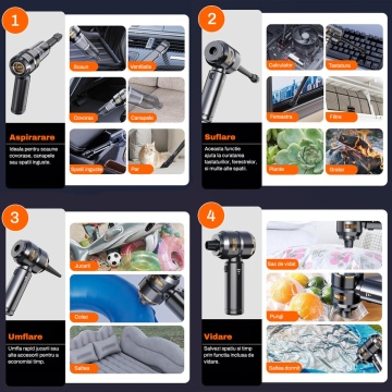 Resigilat - Aspirator Auto 7 in 1 Portabil, Runex®, Model Airo, 16000 PA, Baterie 6000mAh, Autonomie 30 minute, 100W, Motor Brushless, Aspirare, Suflare, Vacuum, 3 Viteze, Type-C, 7 Accesorii, Filtru HEPA, Aspirator Masina si Casa - Img 3