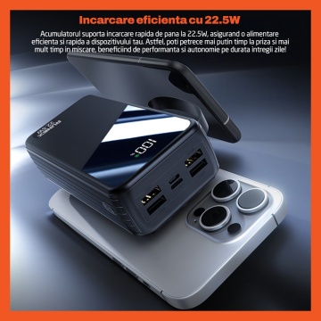 Resigilat - Baterie Externa Runex®, Model PB910, 30.000mAh, Power Bank Portabil, Incarcare Rapida 22.5W, 6 Porturi, Display LED, Compatibil Apple, Samsung, Universal, Acumulator 4 Cabluri, Type-C, Lightning, Micro-USB, USB-A - Img 2