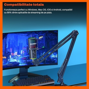 Resigilat - Microfon Gaming RUNEX®, Pop Filter, Condensator, Brat Articulat Prindere Masa, Iluminare RGB, Reducere Zgomot, Echo & Volume Control, USB-C, 16mm, Streaming Youtube, Tiktok, Twitch, Discord, Compatibil Universal, Mufa Jack 3.5mm, Negru - Img 5