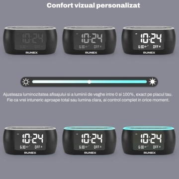Resigilat - Radio cu Ceas RUNEX®, Alarma Dubla, Lumina de Veghe in 7 Culori, Afisaj Digital cu Luminozitate Reglabila 0-100%, Radio FM, Port USB, Incarcarea Telefonului, Temporizator Somn, Memorare Setari prin Baterii, 12x6x6 cm, Design Modern, Negru - Img 3