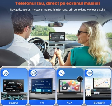 Resigilat - Sistem Navigatie Auto Portabil Runex®, CarPlay si Android Auto Wireless, Interfata in Limba Romana, Ecran Touchscreen 9 Inch, Bluetooth 5.0, Control Vocal Siri si Google Assistant, Camera Marsarier HD Inclusa, Unghi 170°, Vedere Noaptea - Img 5
