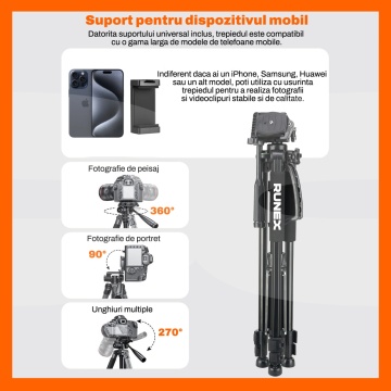 Resigilat - Trepied Foto Runex® Profesional, Telecomanda, Suport Telefon, Ajustabil 54 - 155cm, Pliabil, Husa, Nivela, Aluminiu, Negru - Img 4
