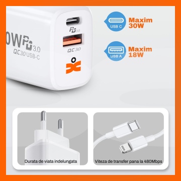 Set Incarcator 30W Runex®, Porturi Type-C si USB-A, Compatibil iPhone, Samsung, Huawei, Universal, Cablu Lightning 100 cm - Img 6