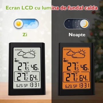 Statie Meteo fara Fir cu Senzor Exterior, WowStep®, Termometru si Higrometru, Prognoza Meteo, Masurare Temperatura si Umiditate, Negru - Img 7