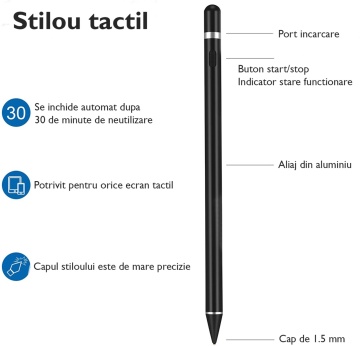 Stylus iPad Pen Universal, WowStep®, Pix Touch Profesional pentru Tableta iPad Apple Android, Windows, Negru - Img 2