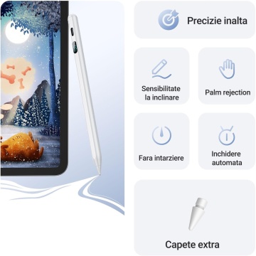 Stylus iPad Pen, WowStep®, Compatibil cu Tablete Apple, 10 Capete de Rezerva, Afisaj Procentaj Baterie, Alb - Img 4