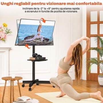 Suport TV Mobil pe Roti Runex®, Stand pentru Televizoare 23-60 Inch, Compatibil VESA 100x100 - 400x400 mm, Inaltime Reglabila 139.7-144.8 cm, TV Plat sau Curbat, Sarcina Maxima 39.9 kg, Raft Reglabil, Inclinare -2°/+8°, Roti cu Blocare, Management Cabluri - Img 3