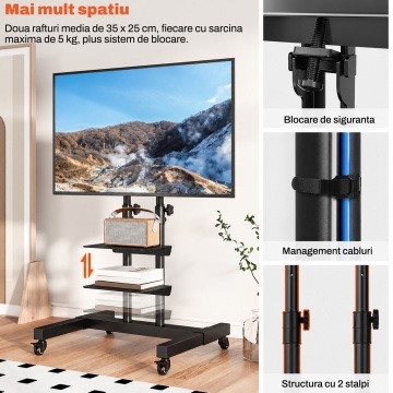 Suport TV Mobil pe Roti Runex®, Stand pentru Televizoare 32-80 Inch, Compatibil VESA 100x100 - 600x400 mm, Inaltime Reglabila 112-162 cm, Sarcina Maxima 40 kg, 2 Rafturi Media, Structura Dubla, Roti 360° cu Blocare, Management Cabluri, Sistem de Siguranta - Img 6