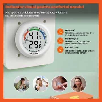 Termometru si Higrometru Digital de Camera RUNEX®, Ecran LCD 2 inch, Masurare Temperatura si Umiditate, Indicator Vizual de Confort, Actualizare la 10 Secunde, Comutare °C/°F, Indicator Baterie, Spate Magnetic, Suport de Masa si Agatatoare, Pentru Camera - Img 4