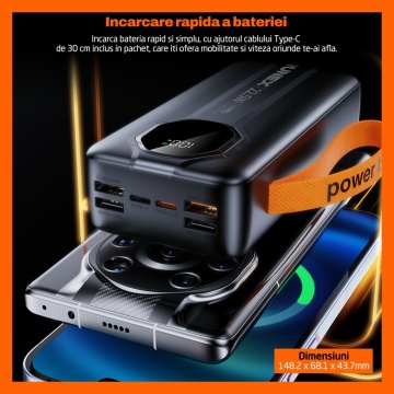 Baterie Externa Runex®, Model PB900, 30.000mAh, Power Bank Portabil, Incarcare Rapida 22.5W, 6 Porturi, Display LED, Compatibil Apple, Samsung, Universal, Acumulator 2 Cabluri, Type-C, Lightning - Img 6