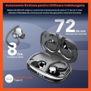 Casti Audio Wireless RUNEX®, Model Race TX10, Sport, Microfon ENC, Afisaj LED, Control Tactil, Autonomie 72h, Carcasa Magnetica, 600mAh, Negru - Img 2