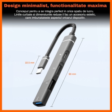 Hub USB 4 in 1 RUNEX®, Conexiune Type-C, Porturi USB 3.0, Type-C, 2x USB 2.0 - Img 4