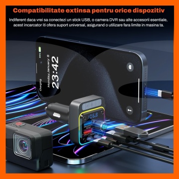 Modulator FM RUNEX®, Incarcator Auto, Bluetooth 5.3, Incarcare Rapida, 54W, Hands-Free, Microfon, Iluminare, Compatibilitate Universala - Img 6