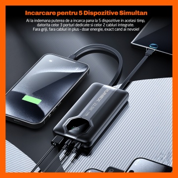 Resigilat - Baterie Externa Runex®, Model PB900, 20.000mAh, Power Bank Portabil, Incarcare Rapida 22.5W, 3 Porturi, Display LED, Compatibil Apple, Samsung, Universal, Acumulator 2 Cabluri, Type-C, Lightning - Img 3