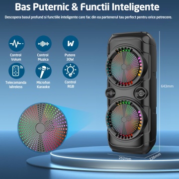 Resigilat - Boxa Portabila Tip Troler Runex®, Microfon, Telecomanda, Bluetooth, 30W, RGB, Auxiliar, Card SD, Radio FM, Difuzoare 8 Inch - Img 2