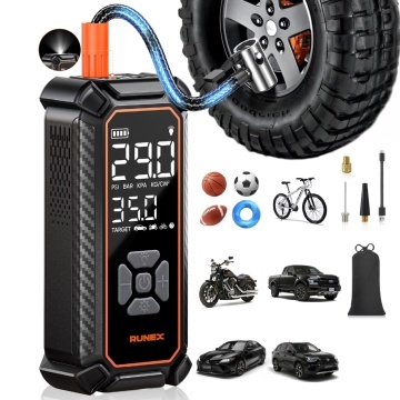 Resigilat - Compresor Auto Portabil 3 in 1 Runex®, 120W, 12V, Tip Baterie Externa, Capacitate 6000 mAh, Afisaj Digital LED, USB-C, Manometru, Oprire Automata, Pompa Aer Masina, Umflare Roti, Minge, Bicicleta, Lumina LED, 25 L/min, 6 Accesorii Incluse