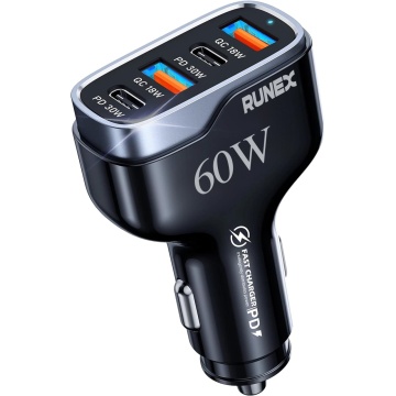 Resigilat - Incarcator Auto Rapid RUNEX®, 4 Porturi 60W, Power Delivery, Quick Charger, Protectie Scurtcircuit