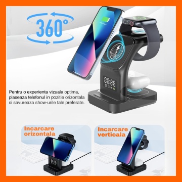 Resigilat - Incarcator Wireless 5 in 1 RUNEX®, Statie de Incarcare Rapida, Ceas Digital, Lumina de Veghe, Alarma, Fast Charging Compatibil - Img 8