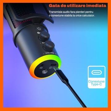 Resigilat - Microfon Gaming RUNEX®, Pop Filter, Condensator, Brat Articulat Prindere Masa, Iluminare RGB, Reducere Zgomot, Echo & Volume Control, USB-C, 16mm, Streaming Youtube, Tiktok, Twitch, Discord, Compatibil Universal, Mufa Jack 3.5mm, Negru - Img 2