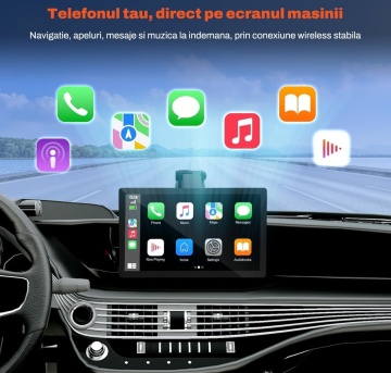 Resigilat - Sistem Navigatie Auto Portabil Runex®, CarPlay si Android Auto Wireless, Interfata in Limba Romana, Ecran Touchscreen 9 Inch, Bluetooth 5.0, Control Vocal Siri si Google Assistant, Camera Marsarier HD Inclusa, Unghi 170°, Vedere Noaptea - Img 2