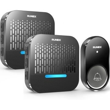 Resigilat - Sonerie Wireless Cu 2 Receptoare Runex®, pentru Usa, Poarta, Exterior, Digitala, Electrica, Raza De Actiune 300 m fara Fir, IP65, 55 Melodii, 5 Niveluri De Volum, 110 dB, Indicator LED, Alimentare La Priza AC, Negru