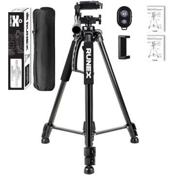 Resigilat - Trepied Foto Runex® Profesional, Telecomanda, Suport Telefon, Ajustabil 54 - 155cm, Pliabil, Husa, Nivela, Aluminiu, Negru