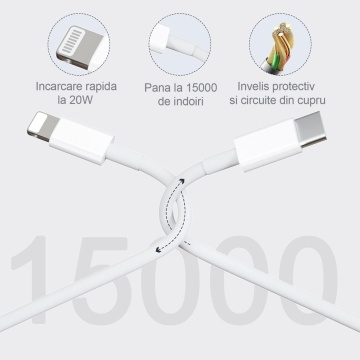 Set Incarcator WowStep® Cablu Type-C Lightning, 100 cm, Adaptor Retea Incarcare Rapida 20W, Gri - Img 8