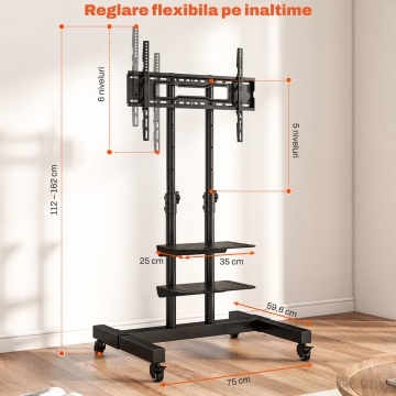 Suport TV Mobil pe Roti Runex®, Stand pentru Televizoare 32-80 Inch, Compatibil VESA 100x100 - 600x400 mm, Inaltime Reglabila 112-162 cm, Sarcina Maxima 40 kg, 2 Rafturi Media, Structura Dubla, Roti 360° cu Blocare, Management Cabluri, Sistem de Siguranta - Img 3