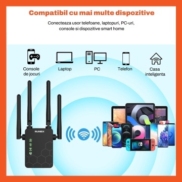 Amplificator Wireless Runex®, Dual Band 2.4G / 5G, Viteza 300 Mbps pe 2.4G si 866 Mbps pe 5G, 4 Antene 2dBi, 2 Porturi LAN, Semnal Stabil, Fallback Automat, Acoperire Puternica - Img 6