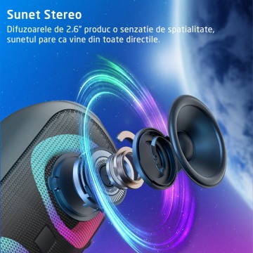 Boxa Portabila WowStep®, Bluetooth, 30W, 4000mAH, Lumini RGB, Conexiune USB, Auxiliar, Card SD, Radio - Img 7