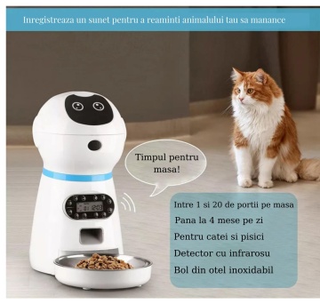 Hranitor Automat pentru Caini si Pisici, WowStep®, Sunet Hranire, Capacitate Dispenser Mancare 3.5l, Functie Adapator - Img 2