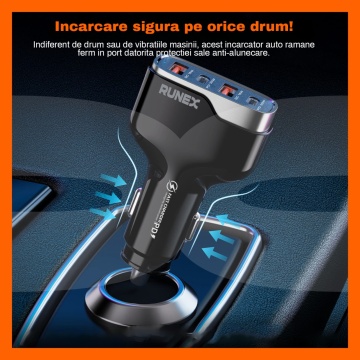 Incarcator Auto Rapid RUNEX®, 4 Porturi 60W, Power Delivery, Quick Charger, Protectie Scurtcircuit - Img 5