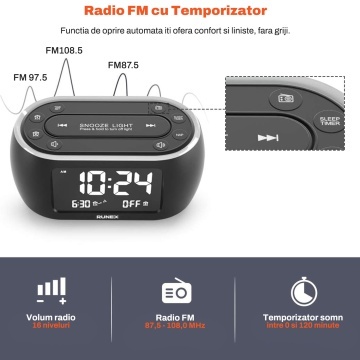 Radio cu Ceas RUNEX®, Alarma Dubla, Lumina de Veghe in 7 Culori, Afisaj Digital cu Luminozitate Reglabila 0-100%, Radio FM, Port USB, Incarcarea Telefonului, Temporizator Somn, Memorare Setari prin Baterii, 12x6x6 cm, Design Modern, Negru - Img 2