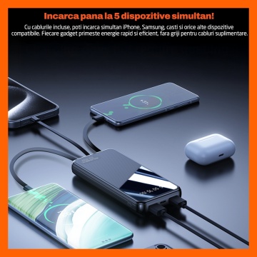 Resigilat - Baterie Externa Runex®, Model PB910, 20.000mAh, Power Bank Portabil, Incarcare Rapida 22.5W, 4 Porturi, Display LED, Compatibil Apple, Samsung, Universal, Acumulator 4 Cabluri, Type-C, Lightning, Micro-USB, USB-A - Img 9