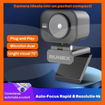 Resigilat - Camera Web Runex® 4K, 8MP, Auto-Focus Rotire 360 Grade, Microfon Dual, Trepied - Img 2