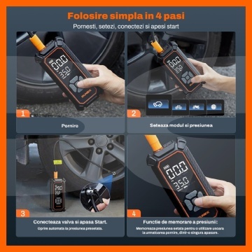 Resigilat - Compresor Auto Portabil 3 in 1 Runex®, 120W, 12V, Tip Baterie Externa, Capacitate 6000 mAh, Afisaj Digital LED, USB-C, Manometru, Oprire Automata, Pompa Aer Masina, Umflare Roti, Minge, Bicicleta, Lumina LED, 25 L/min, 6 Accesorii Incluse - Img 8