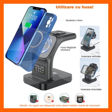 Resigilat - Incarcator Wireless 5 in 1 RUNEX®, Statie de Incarcare Rapida, Ceas Digital, Lumina de Veghe, Alarma, Fast Charging Compatibil - Img 5