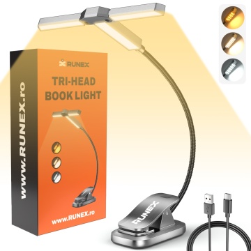 Resigilat - Lampa Citit Carti RUNEX®, Capat Reglabil, 27 LED-uri Super Bright, 5 Nivele Intensitate, Autonomie 100 Ore, Acumulator 1000mAh