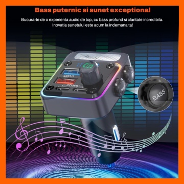 Resigilat - Modulator FM Masina Runex®, Functie Incarcator Auto, Bluetooth 5.3, 2x Porturi Type-C, 2x Porturi USB, Incarcare Rapida, Putere 54W, Hands-Free, Microfon Extern, 5 Moduri Iluminare, Afisaj Digital, Compatibilitate Universala 12V, 24V - Img 4