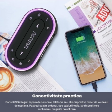 Resigilat - Radio cu Ceas RUNEX®, Alarma Dubla, Lumina de Veghe in 7 Culori, Afisaj Digital cu Luminozitate Reglabila 0-100%, Radio FM, Port USB, Incarcarea Telefonului, Temporizator Somn, Memorare Setari prin Baterii, 12x6x6 cm, Design Modern, Negru - Img 7