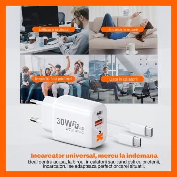 Resigilat - Set Incarcator 30W Runex®, Porturi Type-C si USB-A, Compatibil iPhone, Samsung, Huawei, Universal, Cablu Type-C 100 cm - Img 8