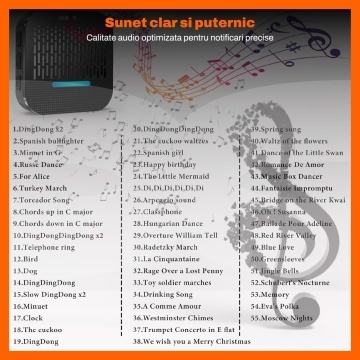 Resigilat - Sonerie Wireless Cu 1 Receptor Runex®, pentru Usa, Poarta, Exterior, Digitala, Electrica, Raza De Actiune 300 m fara Fir, IP65, 55 Melodii, 5 Niveluri De Volum, 110 dB, Indicator LED, Alimentare La Priza AC, Negru - Img 8