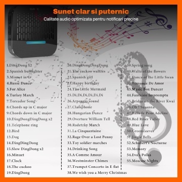 Resigilat - Sonerie Wireless Cu 2 Receptoare Runex®, pentru Usa, Poarta, Exterior, Digitala, Electrica, Raza De Actiune 300 m fara Fir, IP65, 55 Melodii, 5 Niveluri De Volum, 110 dB, Indicator LED, Alimentare La Priza AC, Negru - Img 8