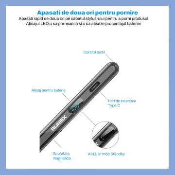 Stylus iPad Pen, Runex®, Compatibil cu Tablete Apple, 10 Capete de Rezerva, Afisaj Procentaj Baterie, Negru - Img 7