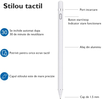Stylus iPad Pen Universal, WowStep®, Pix Touch Profesional pentru Tableta iPad Apple Android, Windows, Alb - Img 2