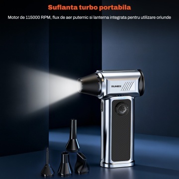 Suflanta Aer Comprimat Portabila Runex®, 7.4V, Forta Suflare 150G, Motor 115000 RPM, Putere 130W, Autonomie 15-48 Minute, Incarcare USB Type-C, Baterie 2500 mAh x 2, Motor Puternic, Zgomot Redus, Accesorii Incluse - Img 6